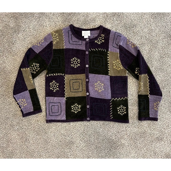 Christopher & Banks Hand Embroidered Cardigan Sz Large Purple Gray Snowflake EUC - Picture 1 of 6